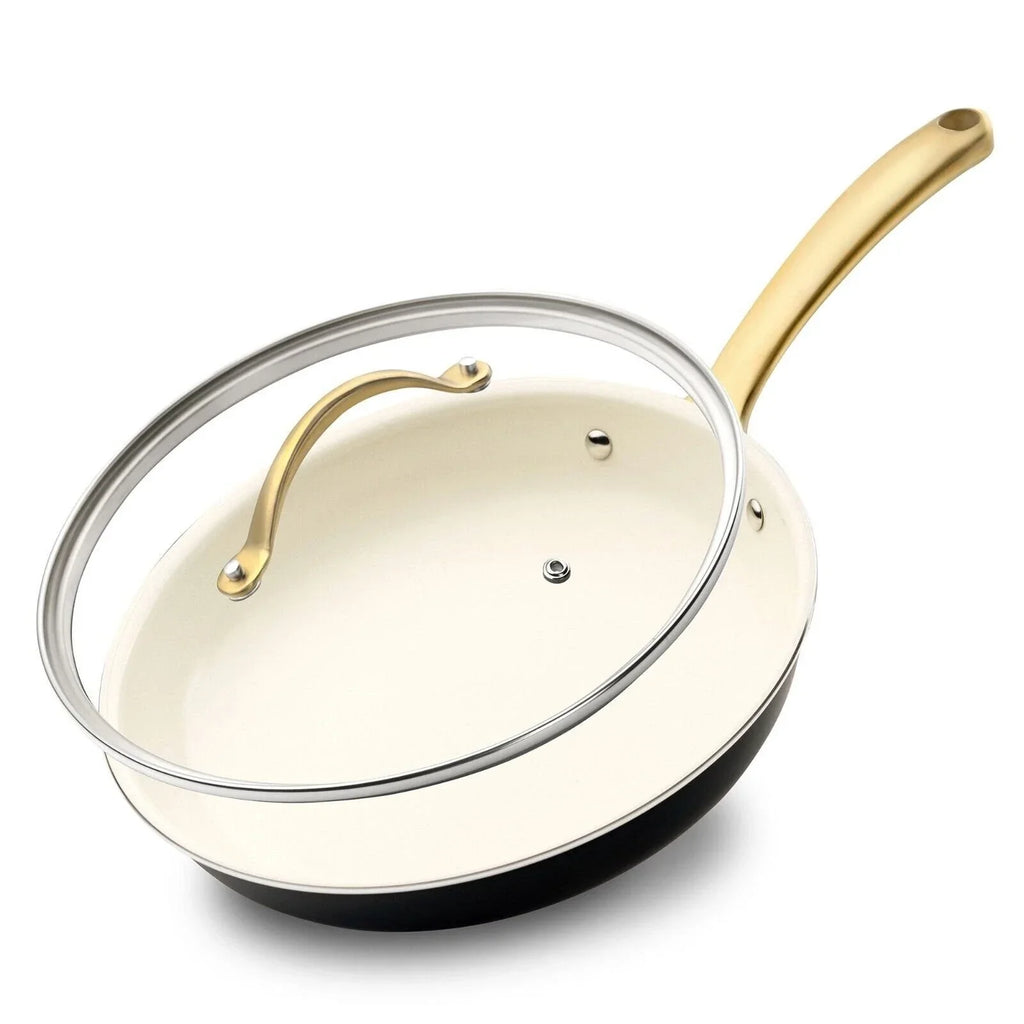 Nutrichef 12'' Large Fry Pan w/ Lid- Non-stick Silicone Handle NCHGLDX12
