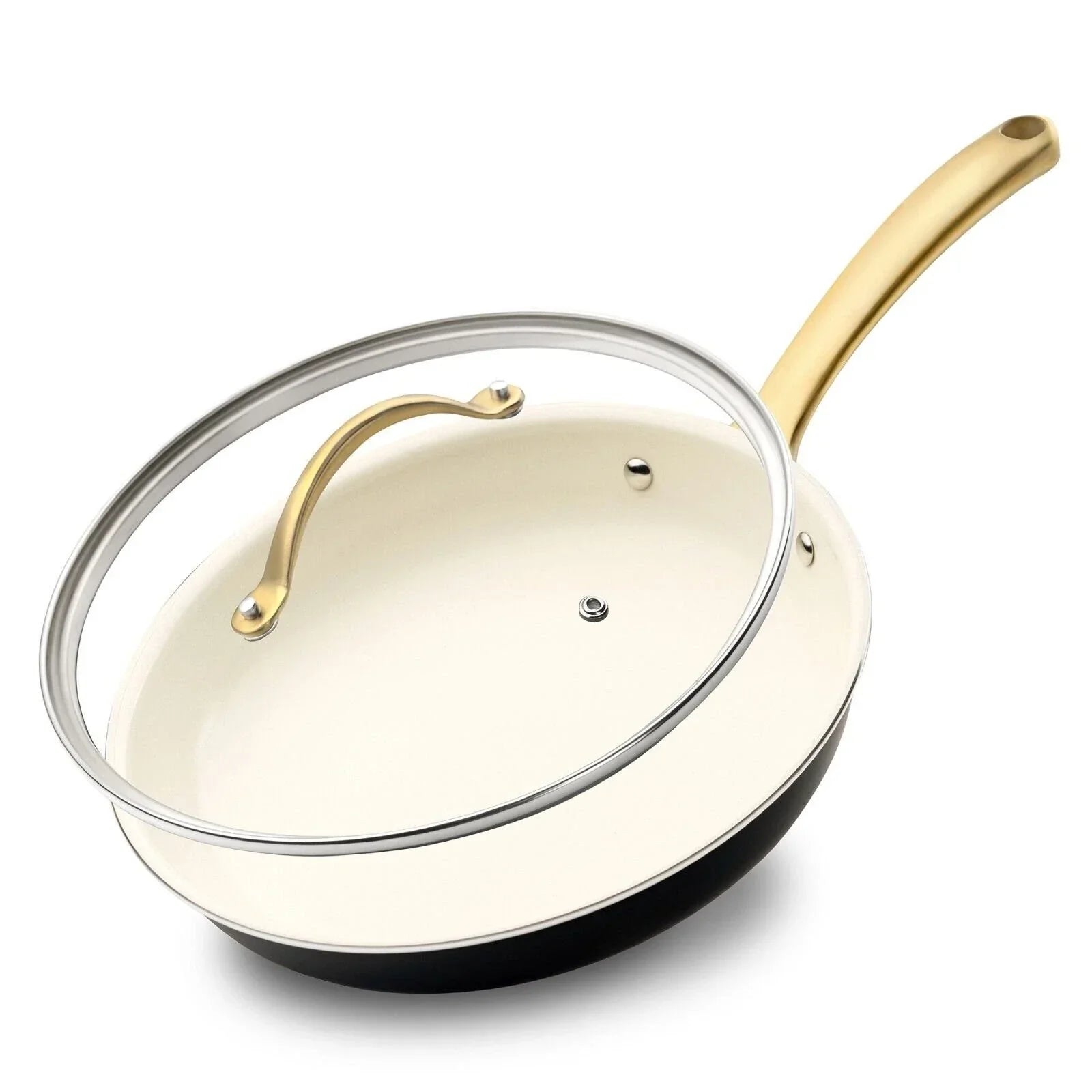 Nutrichef 12'' Large Fry Pan w/ Lid- Non-stick Silicone Handle NCHGLDX12