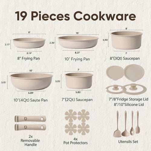 19pcs Pots and Pans Set Non Stick, Nonstick Cookware Set Detachable Handle, I...